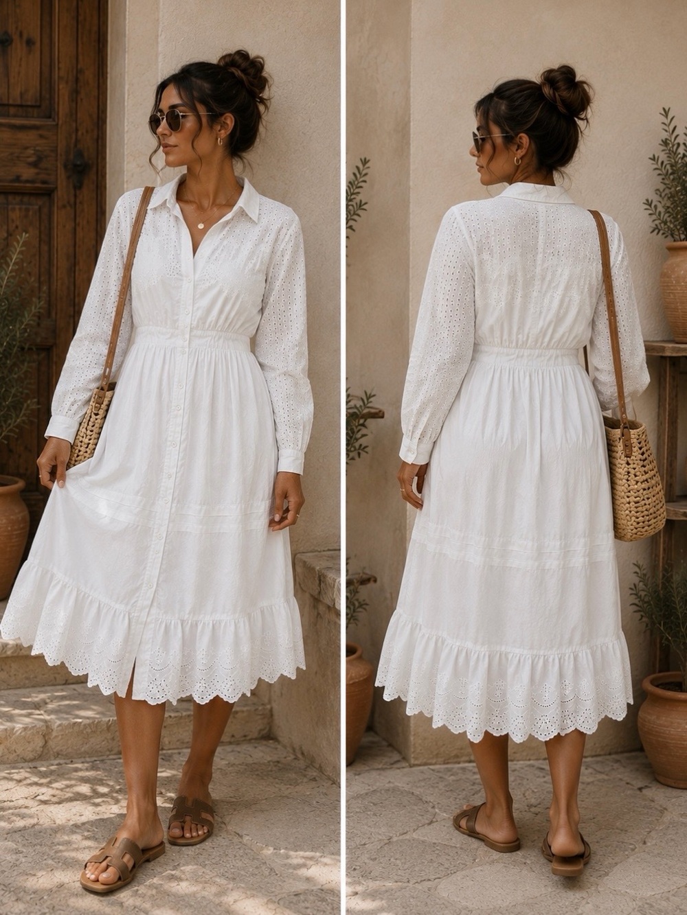 Women's White Eyelet Midi Shirt Dress with Scalloped Hem and Defined Waist Petit